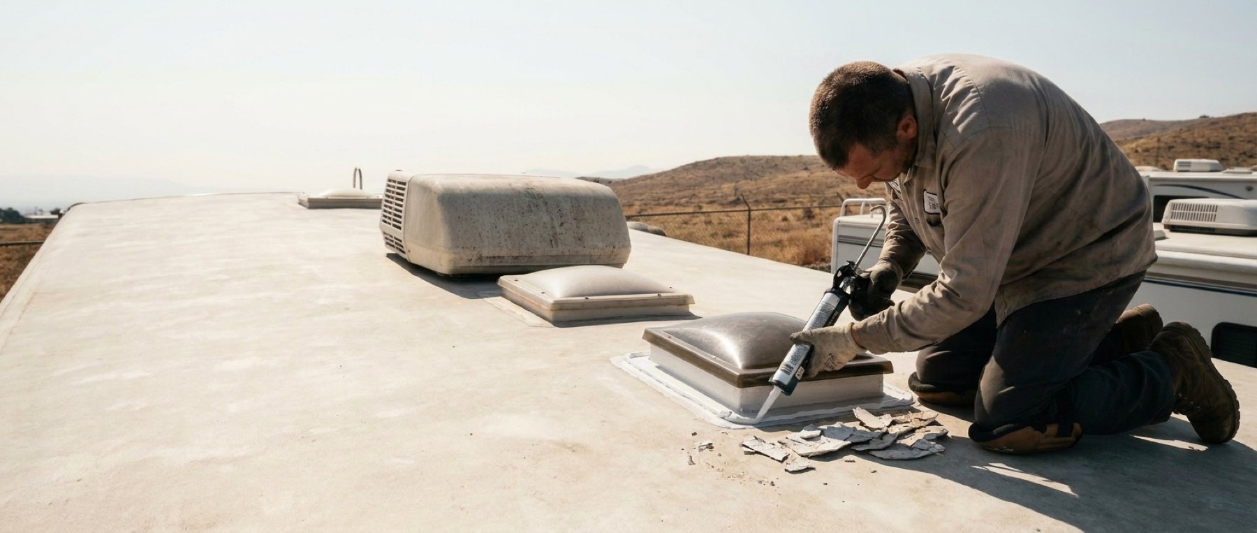 Technician on the roof of a motorhome running fresh lap sealant along a rooftop seam under strong Arizona sun