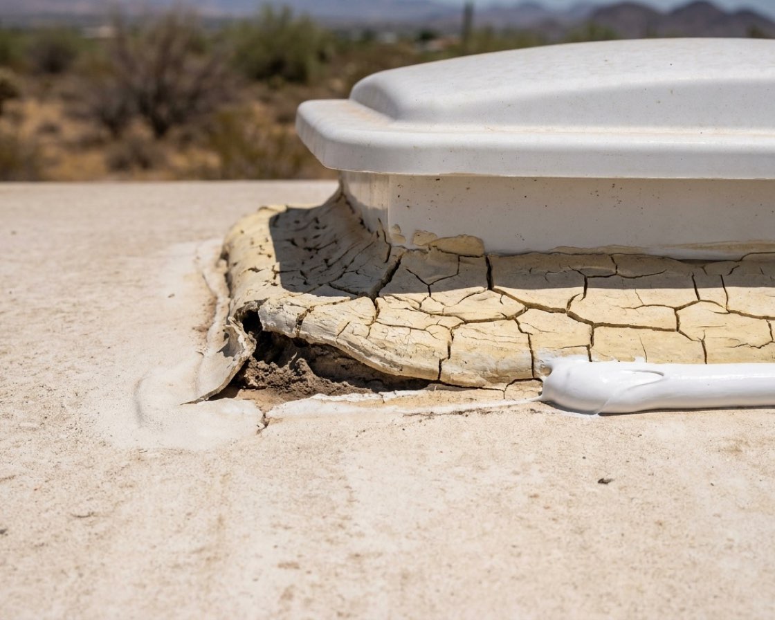 Close detail of failed lap sealant at the base of an RV rooftop vent, chalky and split into deep cracks and lifting from the rubber membrane, beside a run of fresh white sealant